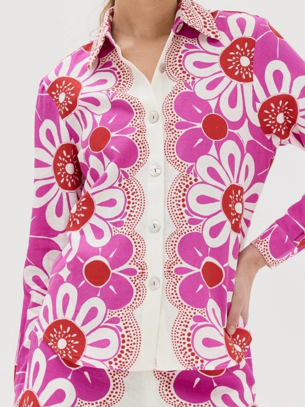 Farm Rio Pink Maia Floral-print Long-sleeve Button Up Shirt